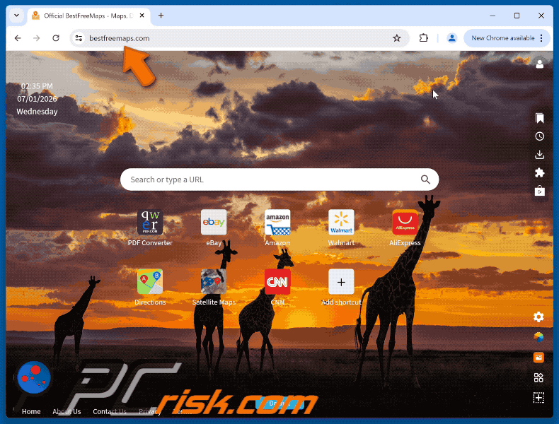 Dirottatore del browser Get Maps & Driving Directions (bestfreemaps.com) che reindirizza a Yahoo (GIF)