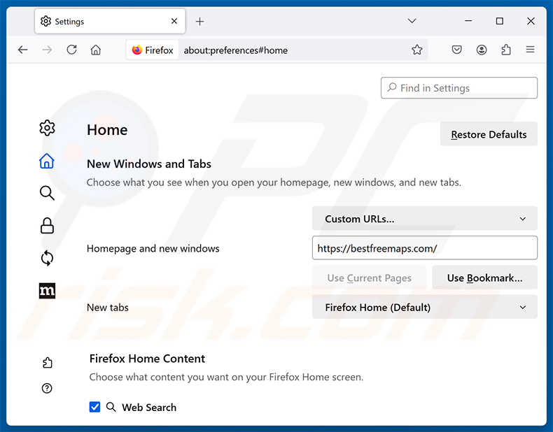 Rimozione di Get Maps & Driving Directions (bestfreemaps.com) dalla homepage di Mozilla Firefox