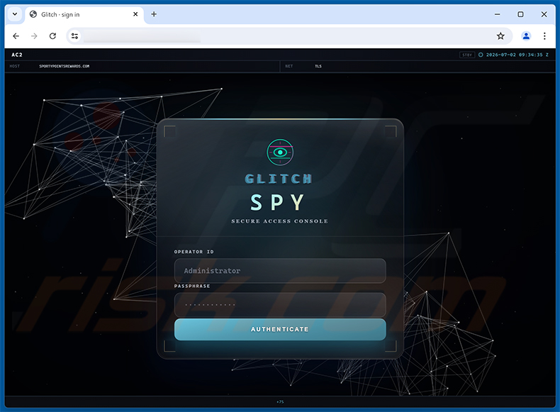 Pannello di amministrazione web di Glitch SPY RAT