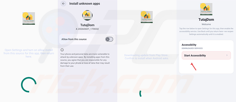 Processo di installazione di Glitch SPY RAT - la falsa app TutajDom richiede l'autorizzazione per le origini sconosciute e l'accesso all'accessibilità
