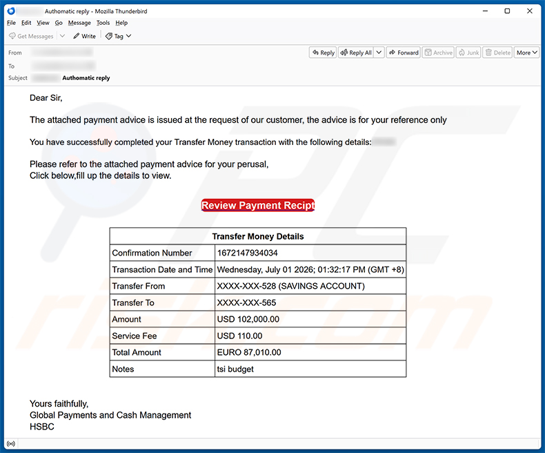 Campagna di spam via email della truffa HSBC Money Transfer Completed