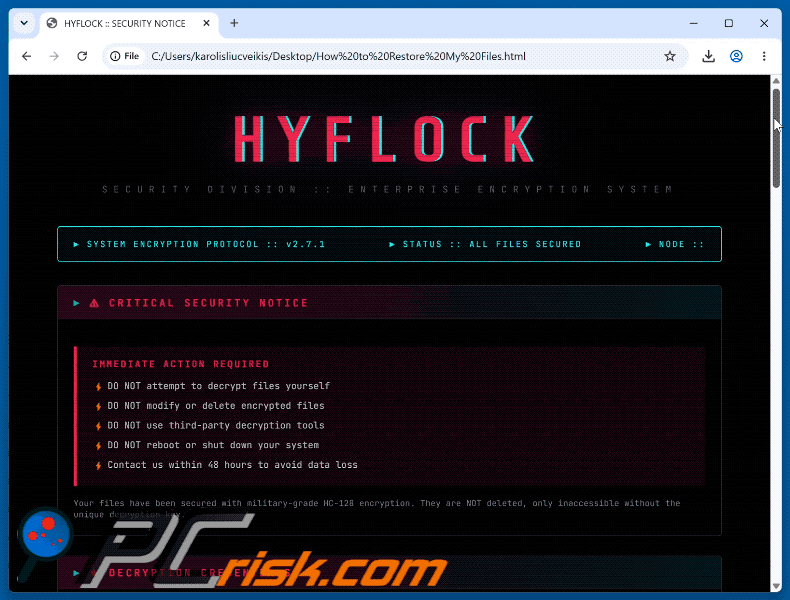 Richiesta di riscatto del ransomware HYFLOCK (How to Restore My Files.html)