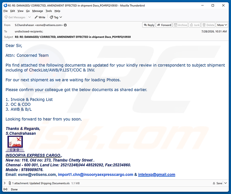 Campagna di spam del virus email Insoorya Express Cargo Shipment Documents