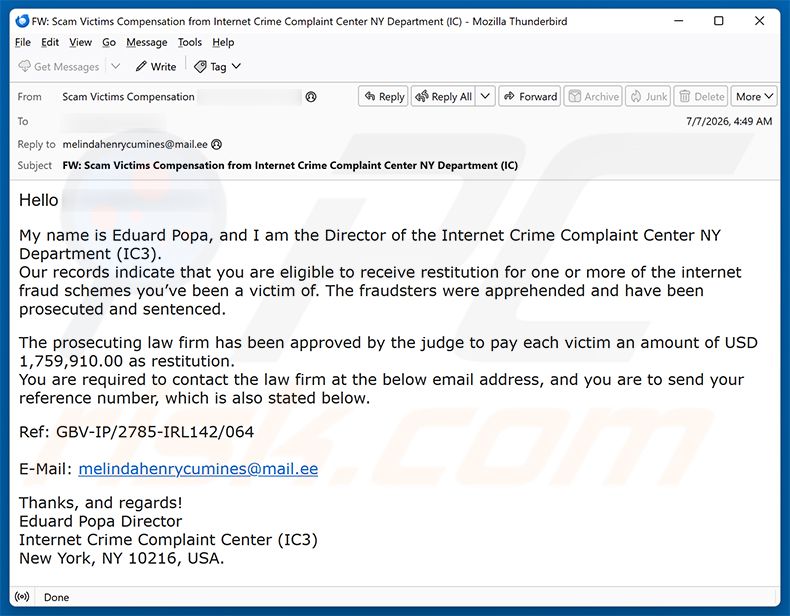 Internet Fraud Victim Compensation truffa via email (2026-07-08)