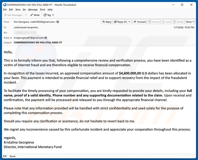 Campagna di email spam Internet Fraud Victim Compensation