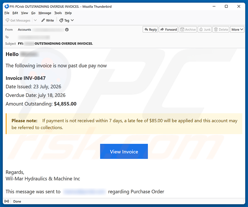 Campagna spam Invoice Is Past Due truffa via email
