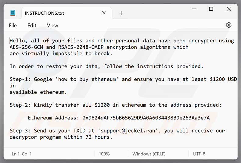 Richiesta di riscatto del ransomware Jeckel (INSTRUCTIONS.txt)