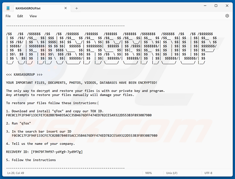 File di testo del ransomware KansasGroup (KANSASGROUP.txt)