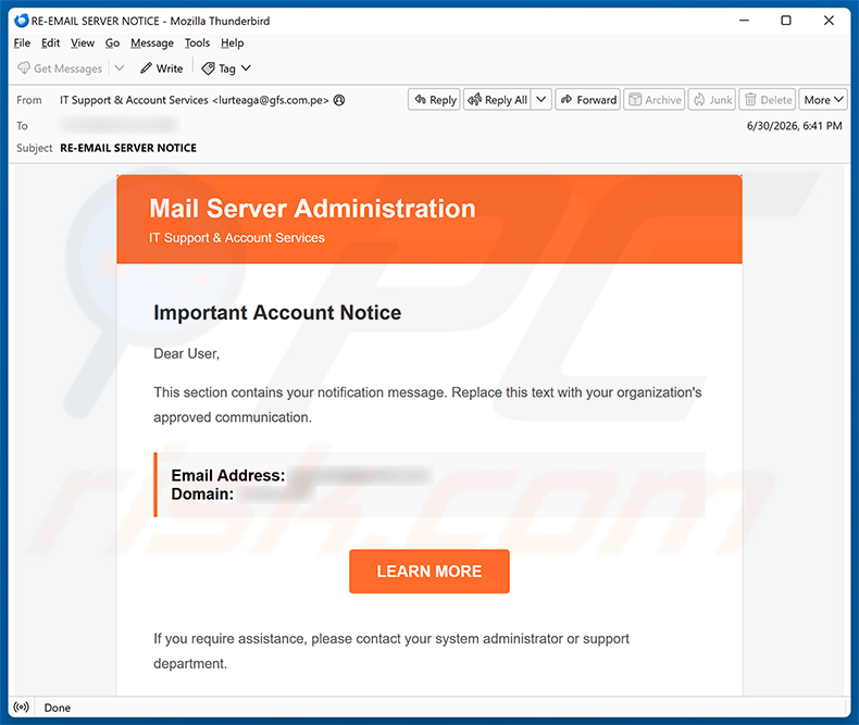 Campagna di spam via email della truffa Mail Server Administration Scam