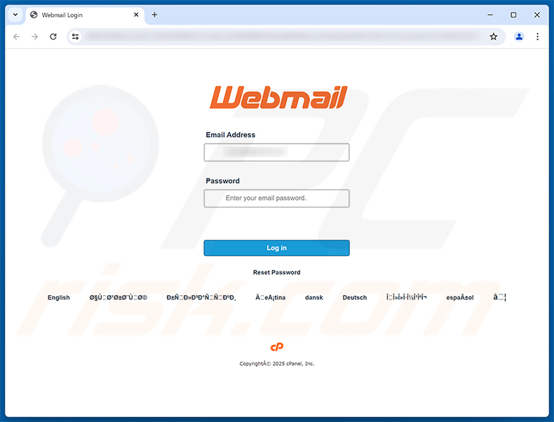 Pagina di phishing della truffa Mail Server Administration Scam