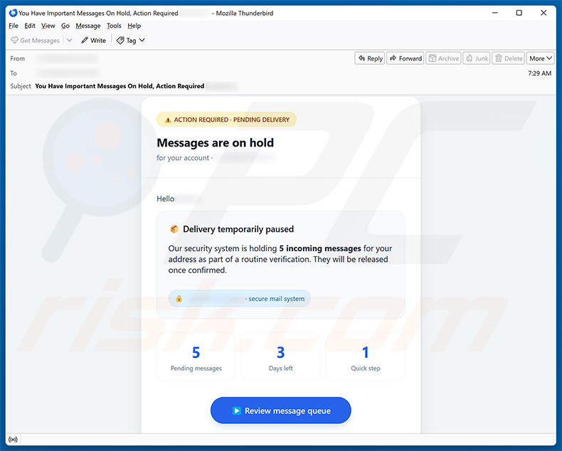 Campagna di spam via email Messages Are On Hold