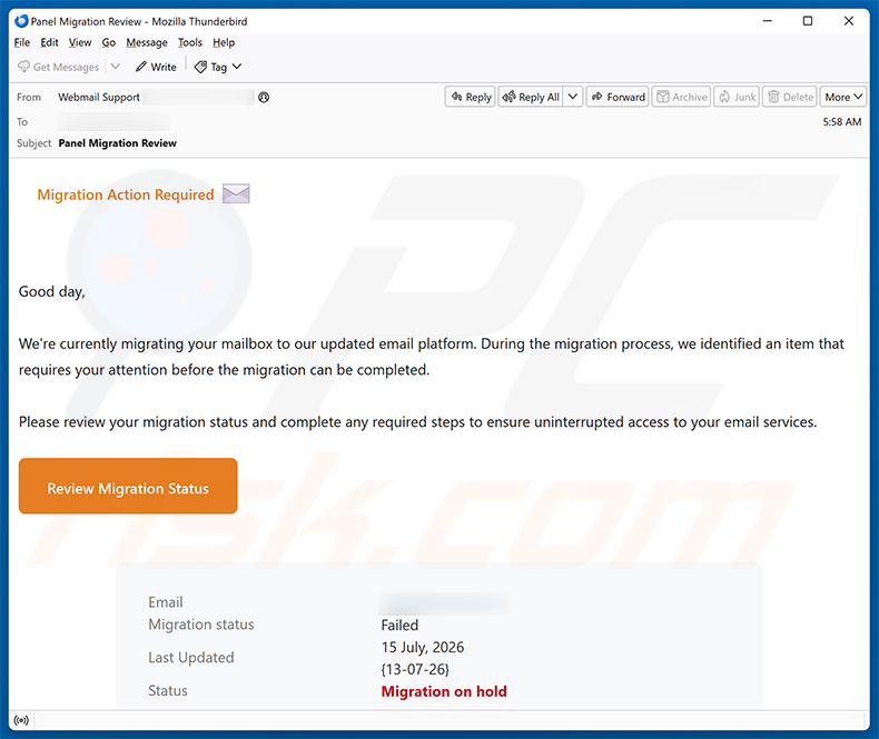 Campagna di email spam Migration Action Required