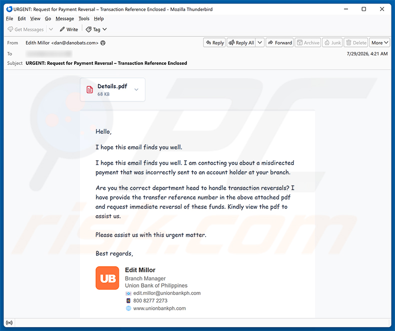 Campagna di email spam Misdirected Payment truffa via email