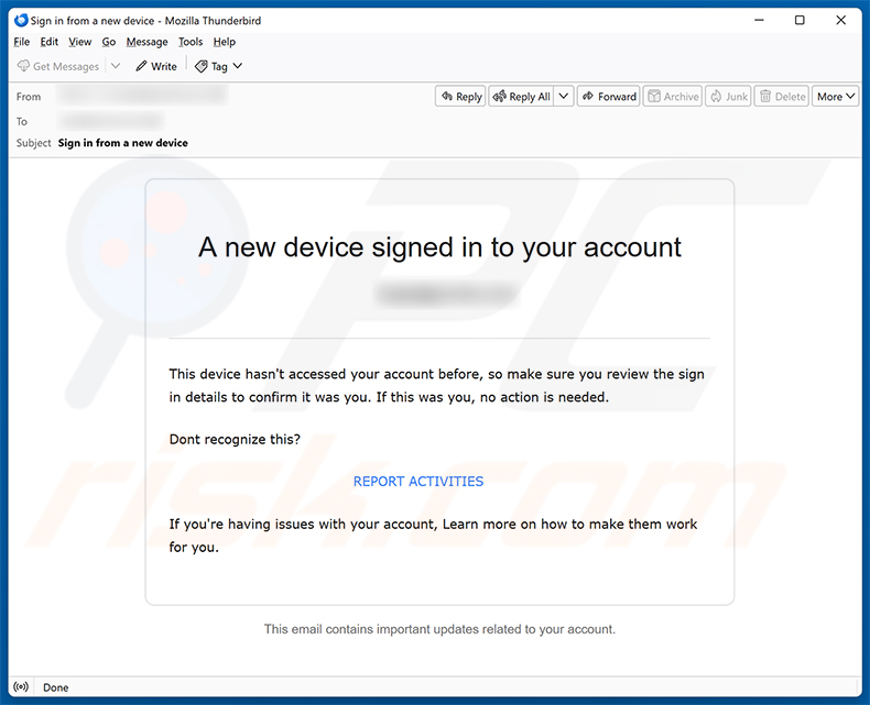 Campagna di spam della truffa via email New Device Signed In To Your Account