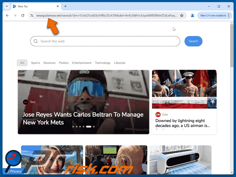 dirottatore del browser newspulsenow.net che reindirizza a Yahoo (GIF)