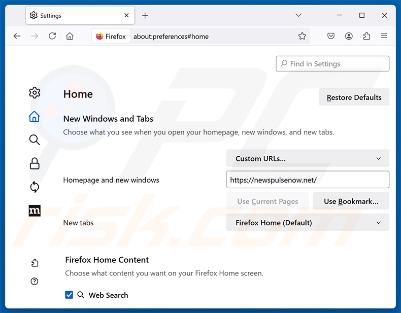 Rimozione di newspulsenow.net dalla homepage di Mozilla Firefox