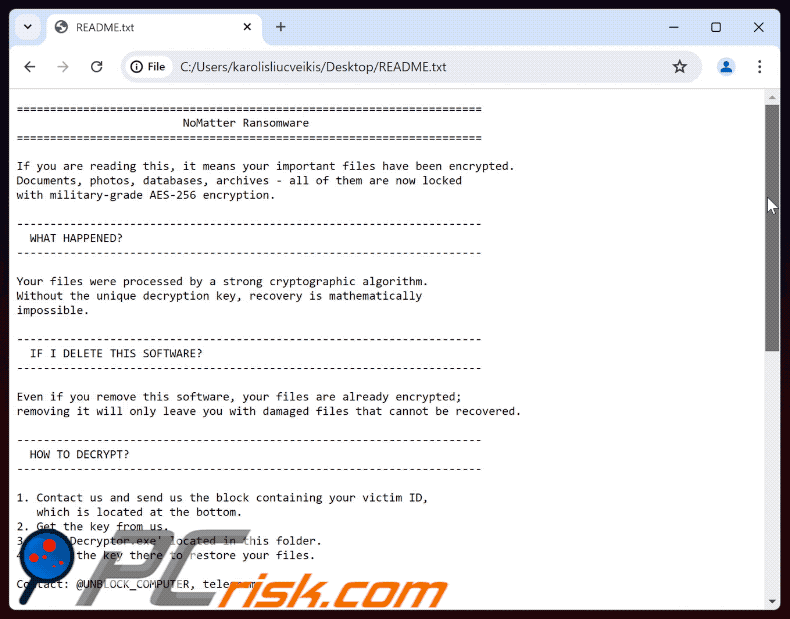 Richiesta di riscatto del ransomware NoMatter (README.txt)