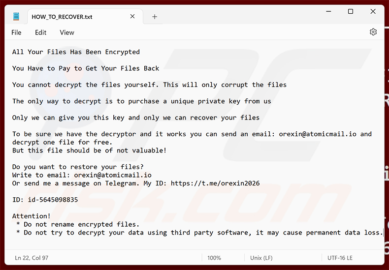 Richiesta di riscatto di Orexin ransomware (HOW_TO_RECOVER.txt)
