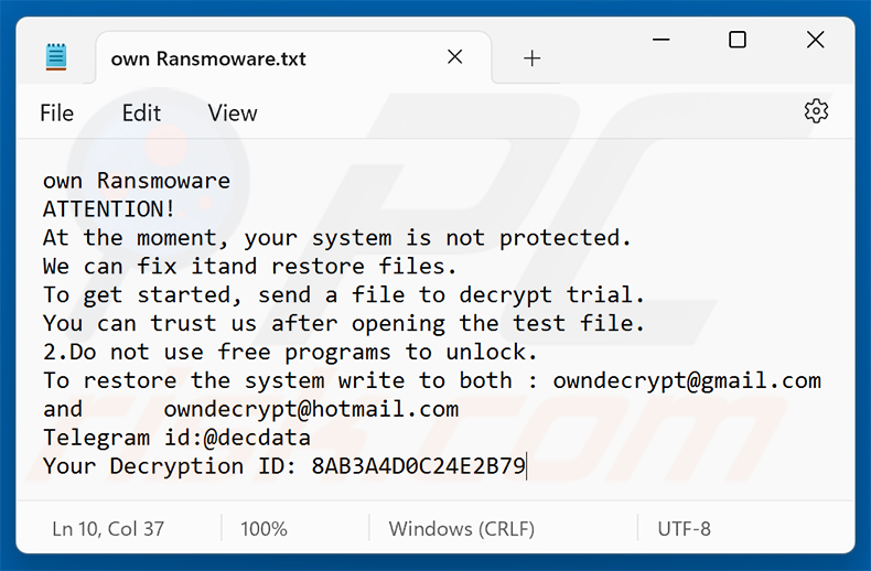 Richiesta di riscatto del ransomware Own Ransomware (own Ransomware.txt)