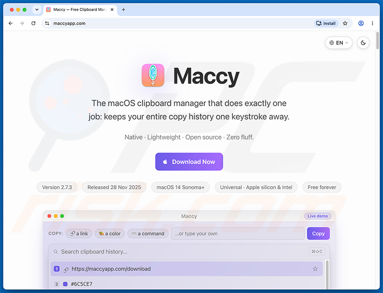Sito web falso maccyapp.com che distribuisce il malware PamStealer
