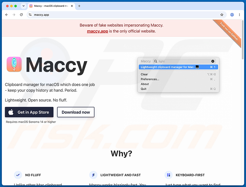 Sito web ufficiale di Maccy che avverte riguardo ai siti web falsi