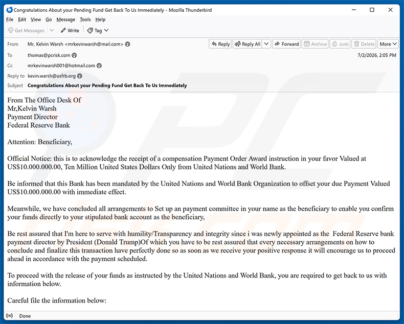 Campagna di spam via email Payment Order Award