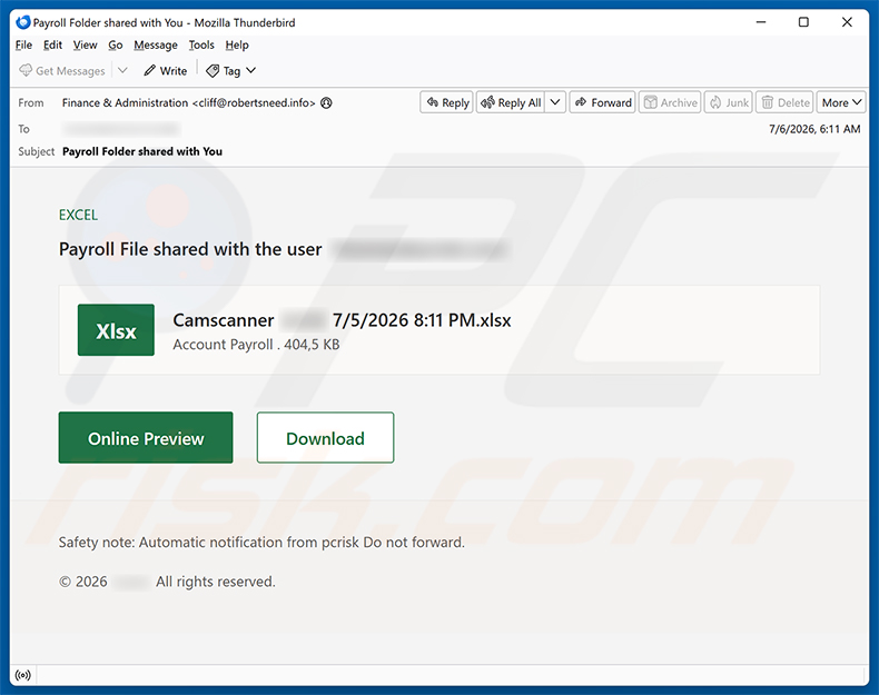 Campagna di spam via email Payroll File Shared