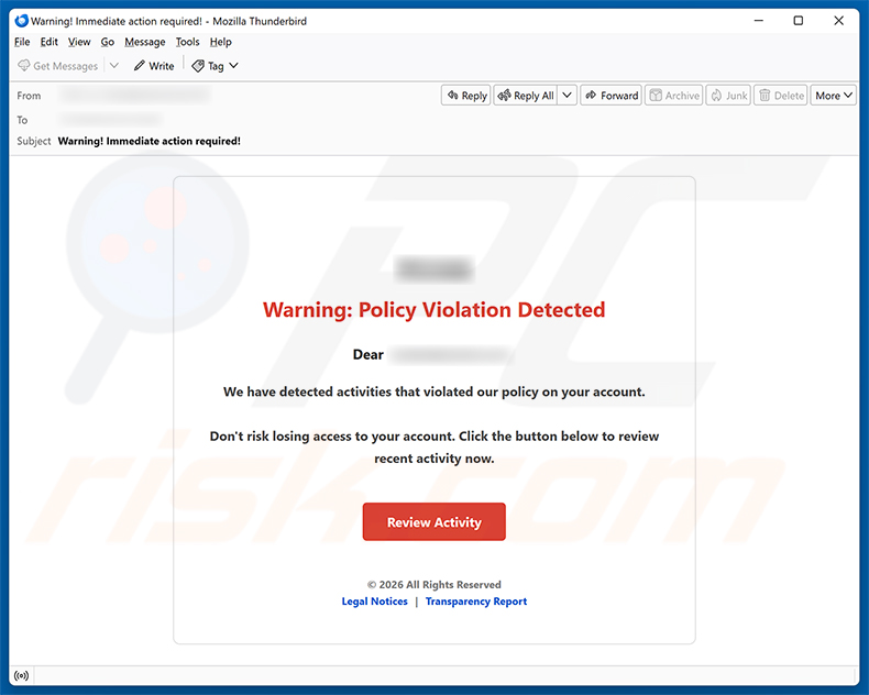 Campagna di spam via email Policy Violation Detected