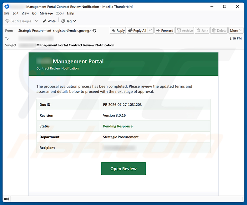 Campagna email spam della truffa Proposal Evaluation Completed