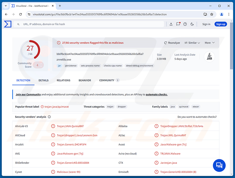Rilevamenti del malware QuimaRAT su VirusTotal