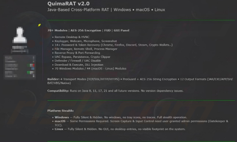 Inserzione promozionale di QuimaRAT v2.0