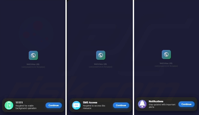 Schermate di richiesta autorizzazioni generate dal generatore dello spyware RedWing per l'aggiramento dell'ottimizzazione della batteria, l'accesso agli SMS e le notifiche