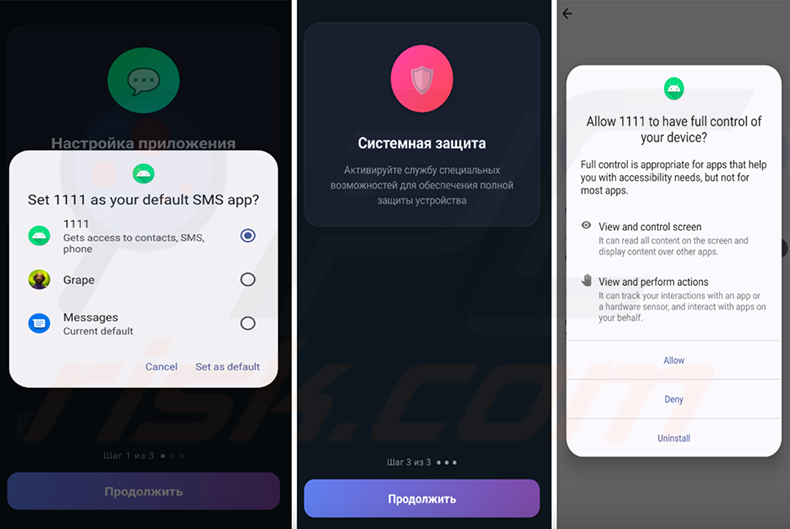 Procedura guidata di configurazione delle autorizzazioni dello spyware RedWing che richiede l'accesso come app SMS predefinita, i servizi di accessibilità e i privilegi di amministratore del dispositivo