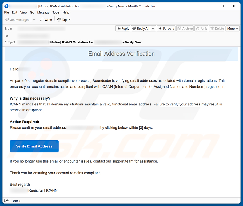 Campagna spam email Roundcube Domain Registration Email Verification truffa