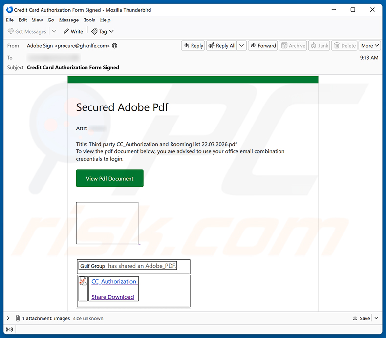 Campagna di spam email Secure Adobe PDF - Credit Card Authorization