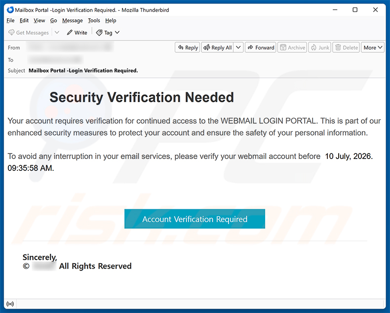 Campagna di spam via email Security Verification Needed