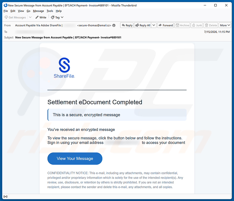 Campagna di email spam Settlement eDocument Completed