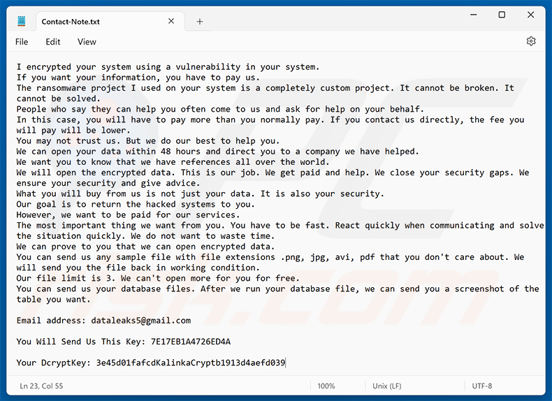 Richiesta di riscatto del ransomware KalinkaCrypt (Contact-Note.txt)