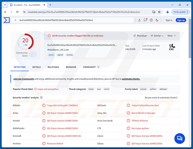 Rilevamenti del malware Starland RAT su VirusTotal