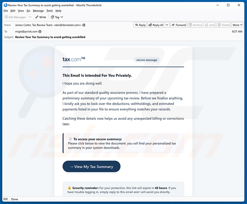 Campagna di spam via email Tax Summary Email Virus