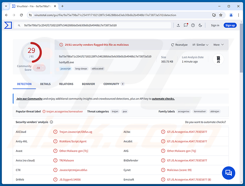 Rilevamenti del malware TONResolver RAT su VirusTotal