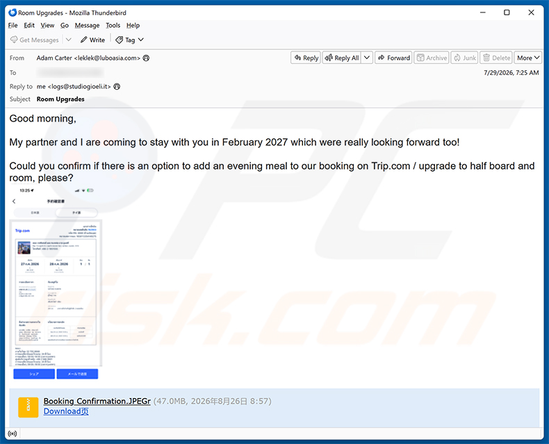 Campagna di spam via email Trip.com Booking Confirmation