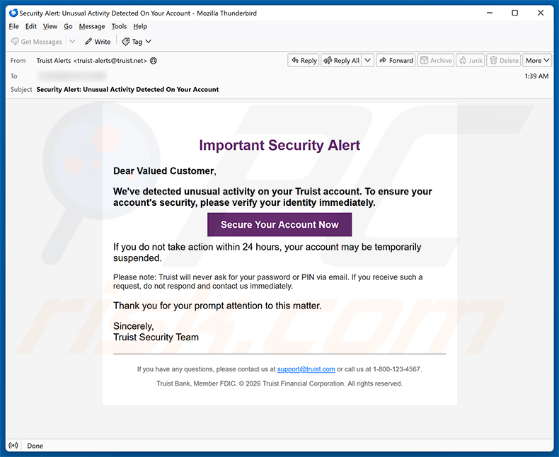 Campagna di spam via email Truist Security Alert truffa via email