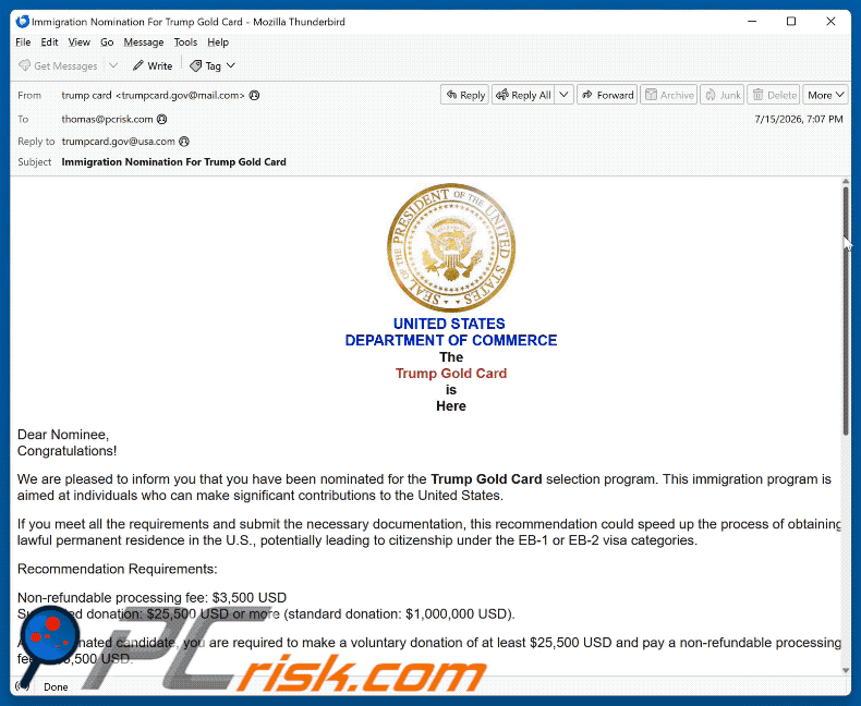 Trump Gold Card Selection Program Nomination email truffa (GIF)
