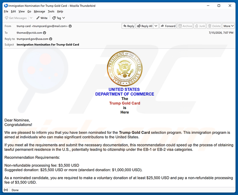 Campagna di email spam Trump Gold Card Selection Program Nomination