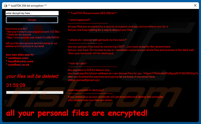 Finestra pop-up del ransomware TuakTOX