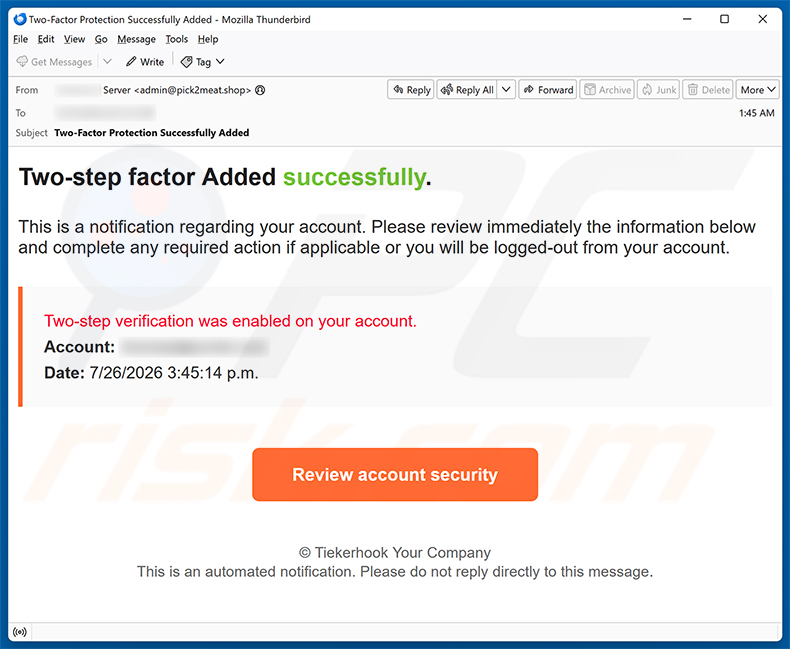 Campagna di spam via email Two-step Verification Was Enabled truffa via email