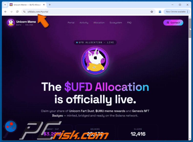 Aspetto della truffa Unicorn Fart Dust ($UFD) Allocation (GIF) (ufdlabs[.]com)