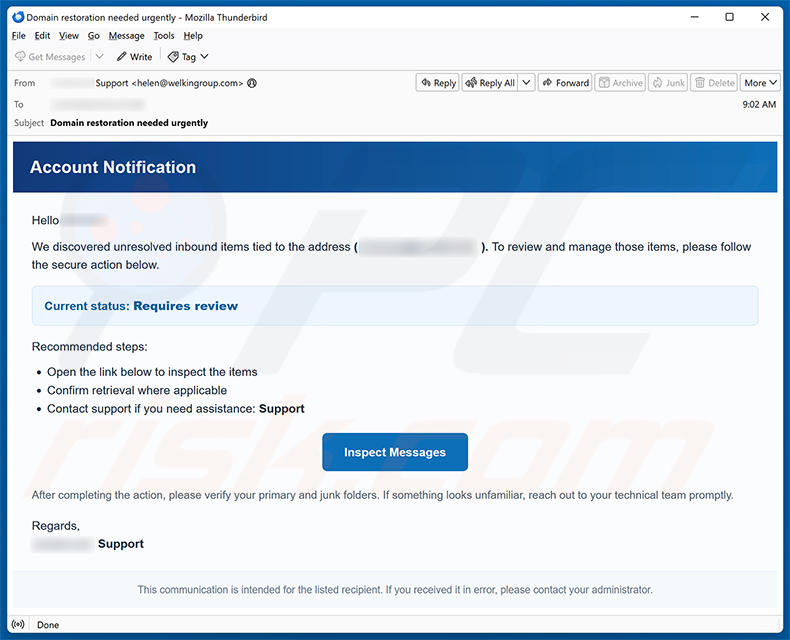 Campagna di spam via email Unresolved Inbound Items truffa via email