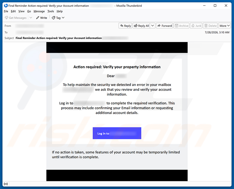 Campagna di spam via email Verify Your Email Property Information Scam